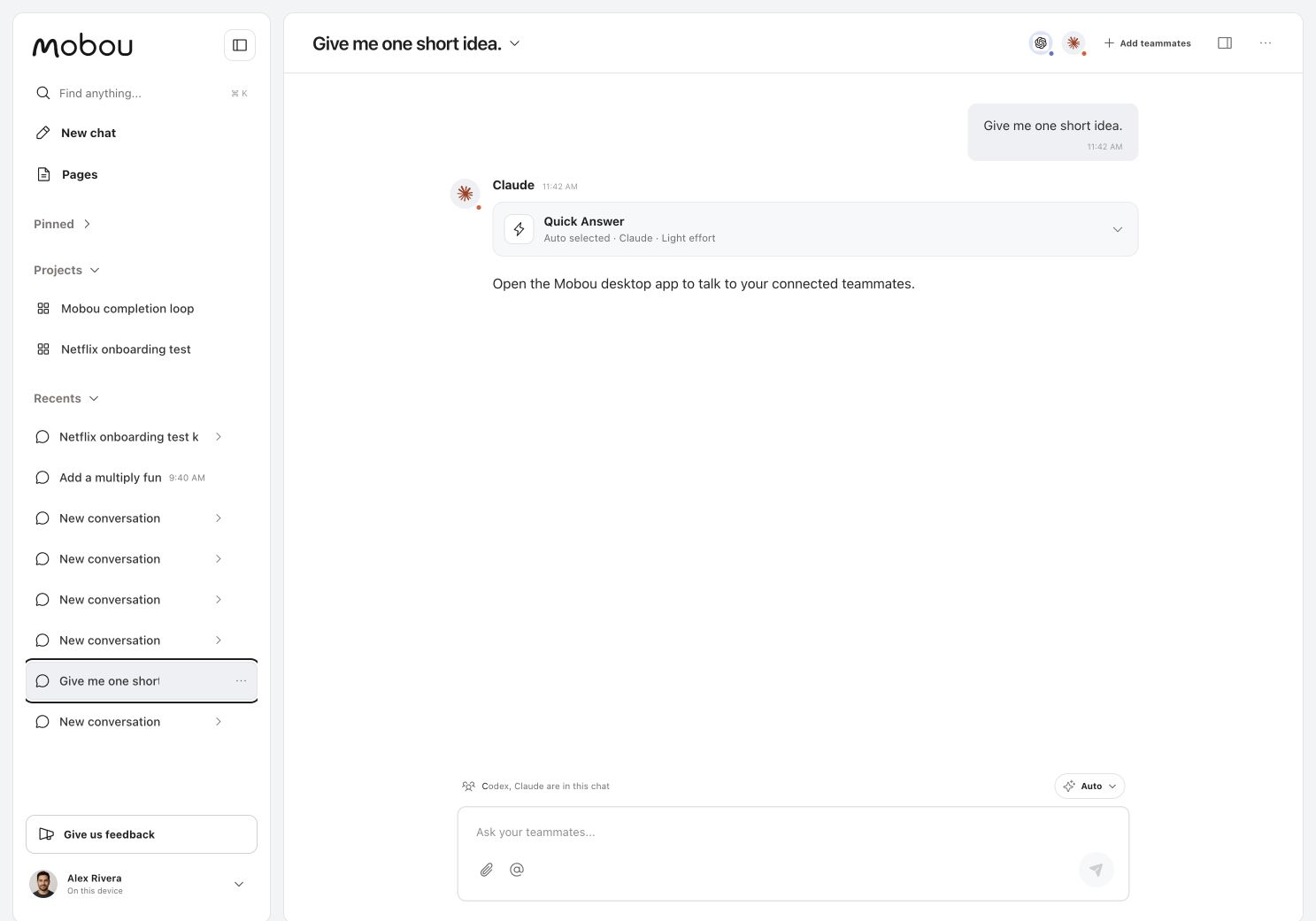 The current Mobou desktop app showing a quiet conversation workspace with AI teammates.