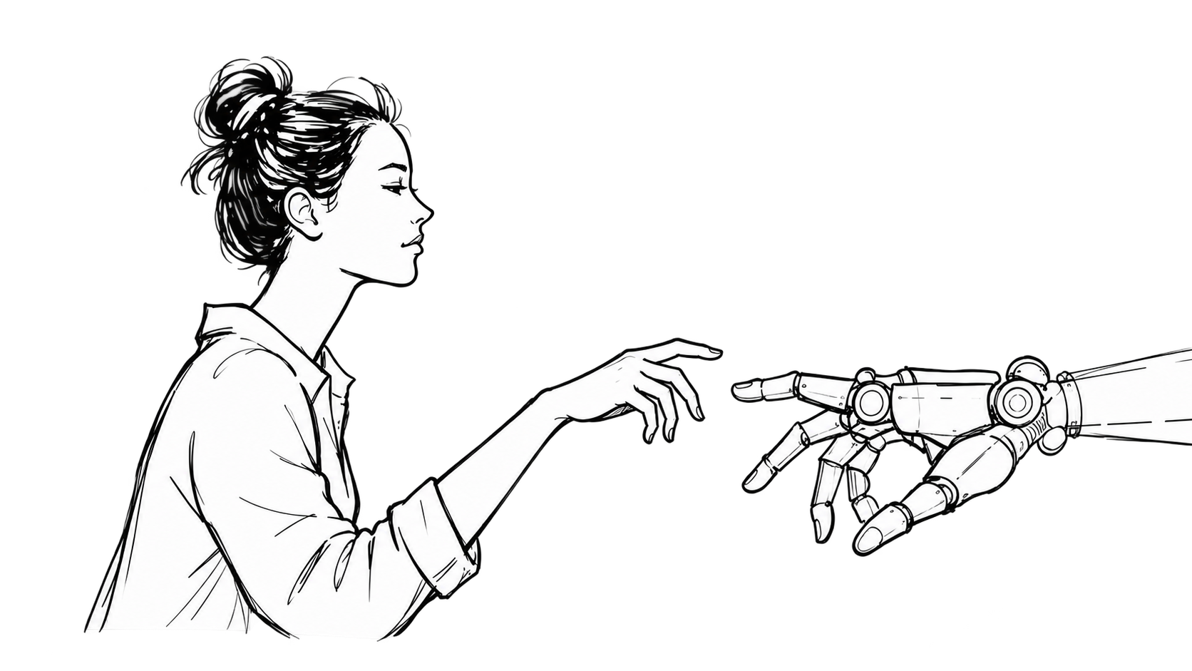 A woman calmly reaches toward a precise robotic hand.